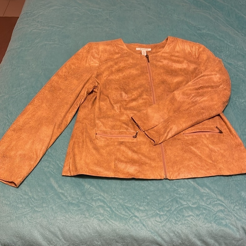 JM Collection Camel Faux‎ Leather Snakeskin Print Full zip Jacket w/ zip Pockets